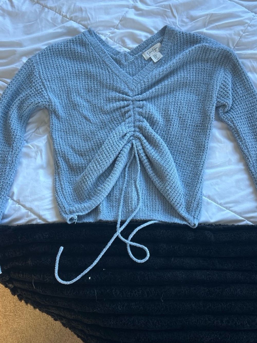 Light Blue Ruched Knit V-Neck Sweater